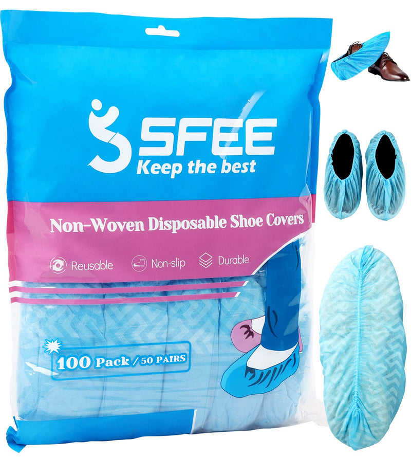  [AUSTRALIA] - Sfee 100 Pack Shoe Covers-Disposable Shoe Covers for Indoors, Non Slip, Durable, Recyclable Non Woven Booties Shoes Cover for Workplace, Office, Home Floor Carpet Protection, One Size Fits All (Blue) 100 piece(50 Pairs) with pattern Blue