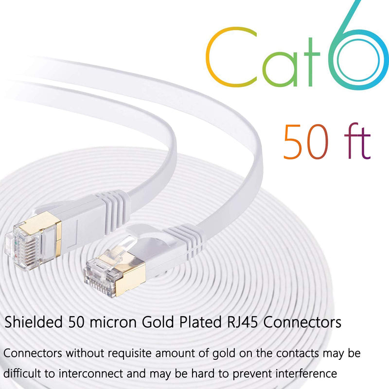 Cat 6 Ethernet Cable 50 FT Flat Internet Network Cables with Cable Clips Cat6 Ethernet Patch Cable with Snagless Rj45 Connectors White Computer LAN Cable（50FT）… 50FT White - LeoForward Australia
