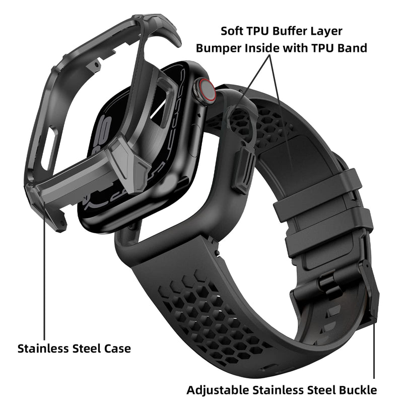  [AUSTRALIA] - OUHENG Compatible with Apple Watch Band 44mm with Stainless Steel Case, Military Shockproof Rugged Men Sports TPU Strap Band with Protective Bumper Cover for iWatch SE2 SE Series 6 5 4, Space Gray