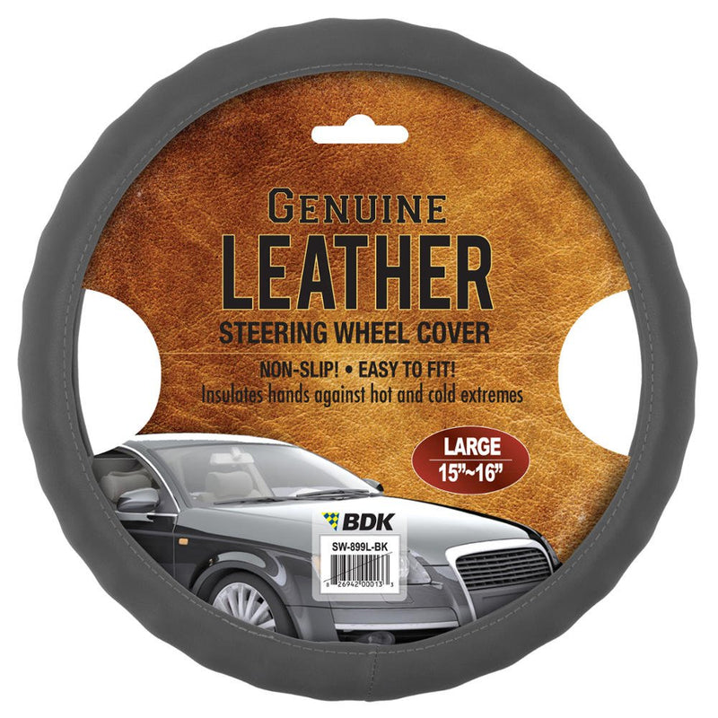  [AUSTRALIA] - BDK SW-899-LG Gray Leather Car Steering Wheel Cover Large Size 15.5 to 16.5 Inch Universal Fit, Easy Installation