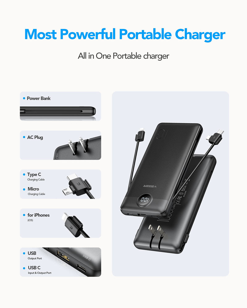  [AUSTRALIA] - VEGER Portable Charger for iPhone Built in Cables Fast Charging USB C Slim 10000 Power Bank, Wall Plug USB Battery Pack for iPhones, iPad, Samsung More Phones Tablets (Black) Black