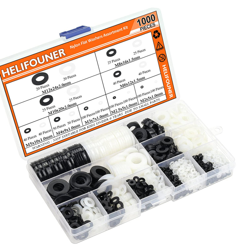  [AUSTRALIA] - HELIFOUNER 1000 Pieces 9 Sizes White/Black Nylon Flat Washers Assortment Kit - M2 M2.5 M3 M4 M5 M6 M8 M10 M12
