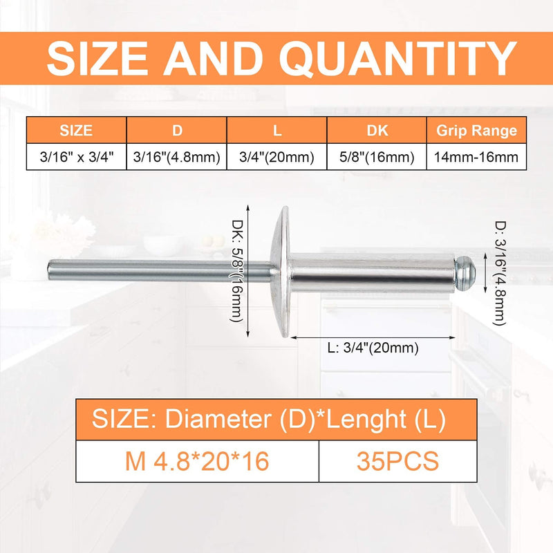  [AUSTRALIA] - PAGOW 35pcs 3/16 x 3/4 Inch (4.8 x 20 x 16) Flange Aluminum Blind Rivet, Large Self-Plugging Open End Decorating Fastener Nails Pop Rivets, Core Pulling Rivets Grip Pange 14mm-16mm 35 Pieces, 3/16 x 3/4 Inch (4.8x20x16mm)