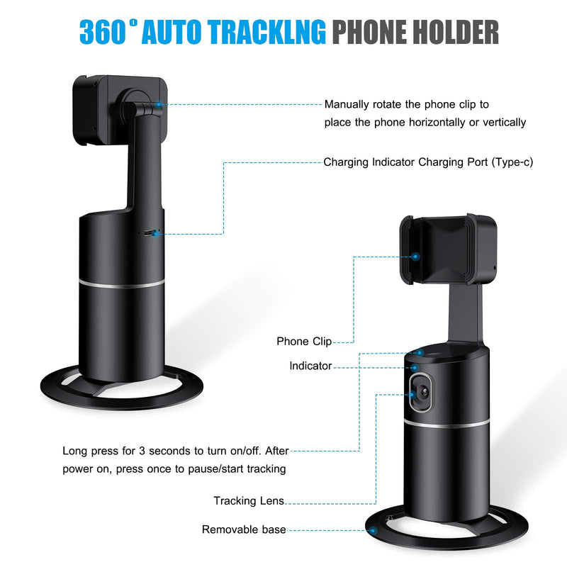  [AUSTRALIA] - Auto Face Tracking Phone Holder Tripod, No App Required, 360° Rotation Smart Face Body Tracking Tripod Selfie Phone Camera Mount Cell Phone Stand for TIK Tok, Vlog, Live Streaming, YouTube Video Black