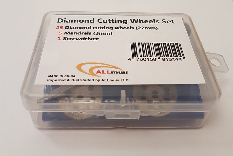  [AUSTRALIA] - 545 Diamond Cutting Wheel (22mm) 25pcs with 402 Mandrel (3mm) 5pcs and Screwdriver for Rotary Tool