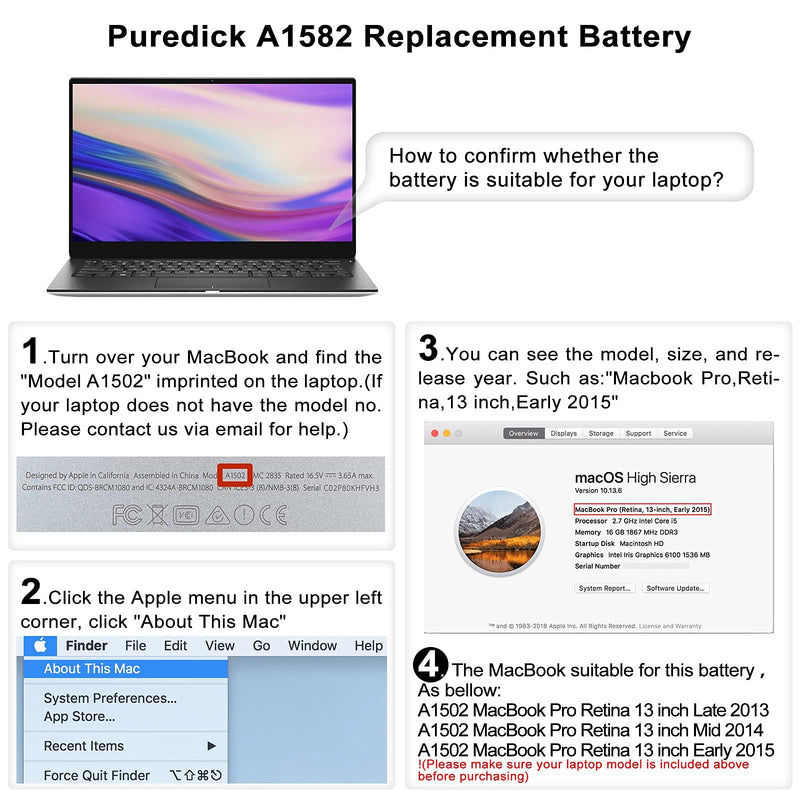  [AUSTRALIA] - A1582 A1502 Battery, Puredick Replacement Battery A1502 for MacBook Pro 13 inch Retina [ Early 2015, Mid 2014, Late 2013 ] A1493 - High-Performance and Longevity [11.36V 74.9Wh 18Months Warranty]
