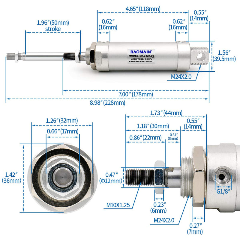 Baomain Mini Air Cylinder MAL 32 X 50 Single Male Thread Rod Dual Action 32 Bore 50 Stroke - LeoForward Australia