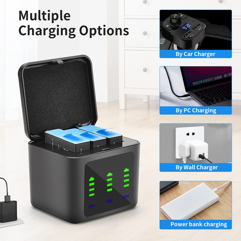  [AUSTRALIA] - Eeyrnduy Rechargeable Battery Replacement for Gopro Hero 9/Hero 10/Hero 11 Black Camera 3-Pack Batteries and 3-Channel USB Charger Combo