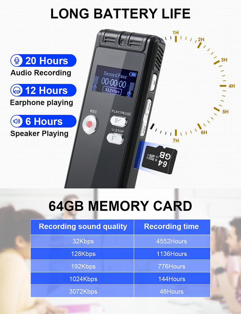  [AUSTRALIA] - 64GB Digital Voice Recorder for Lectures Meetings - Tape Recorder Audio Recording Device with Playback, 3072kbps Dictaphone Sound Recorder | Password | Support TF Expansion