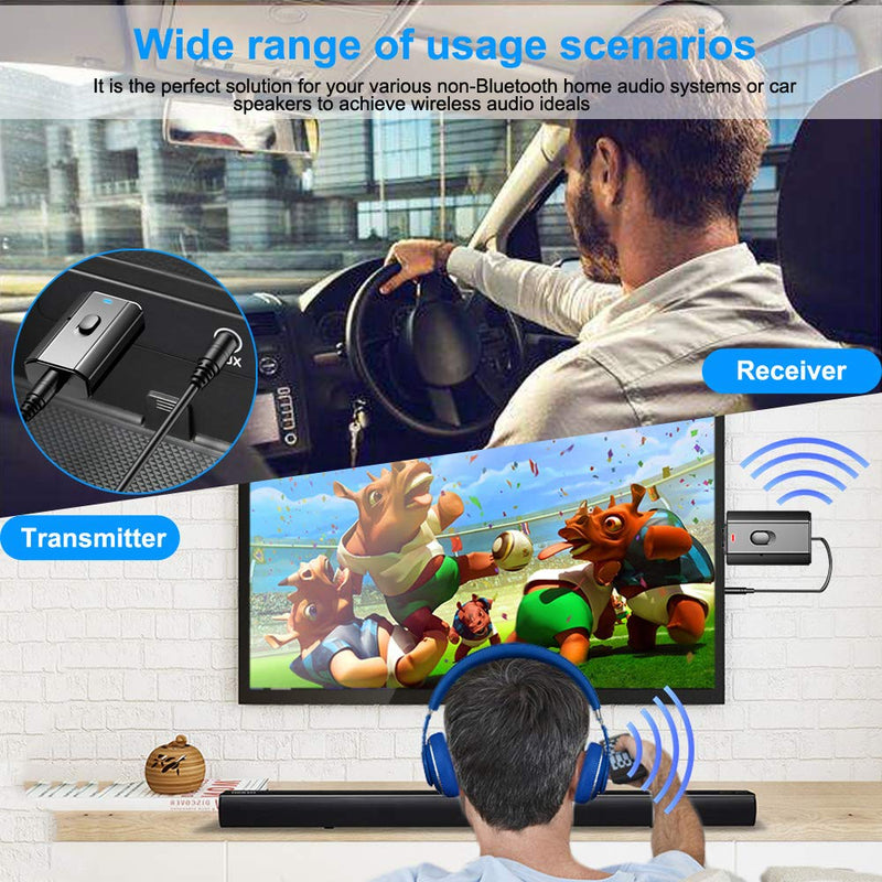  [AUSTRALIA] - Bluetooth Car Adapter, BAVNCO Mini Bluetooth 5.0 Stereo Transmitter Receiver Wireless 3.5mm Aux Jack Adapter Hands-Free Car Kit Built-in Mic for Car Aux, Home Stereo, Headphones, PC,TV and More