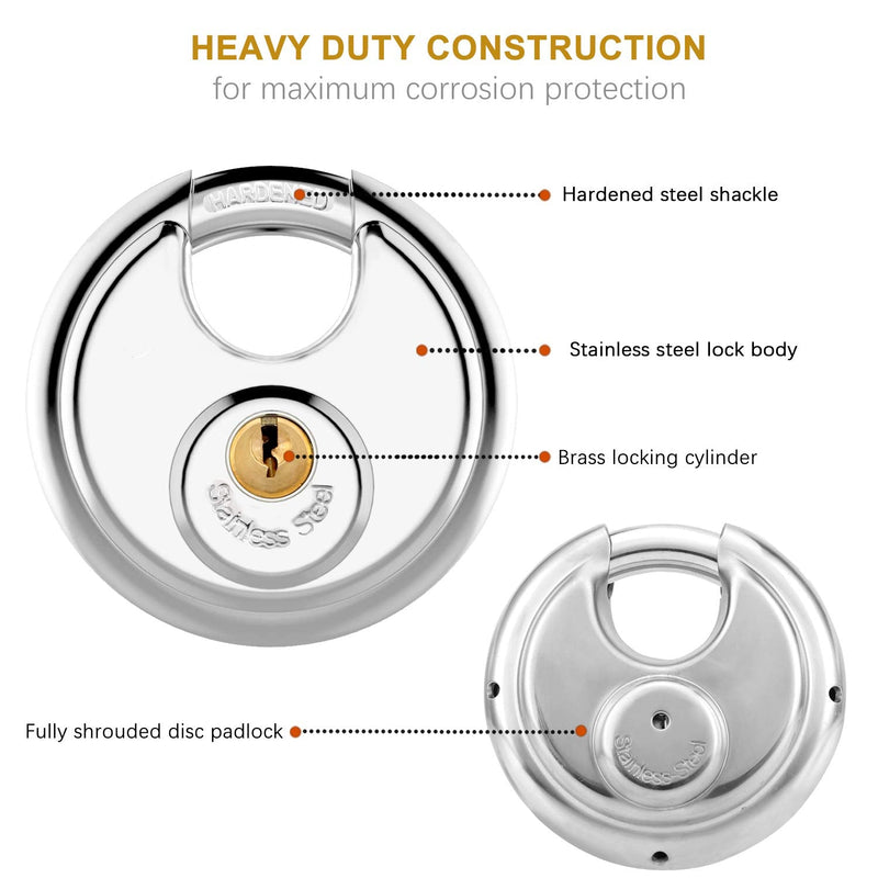  [AUSTRALIA] - Discus Keyed Padlock Disc Storage Locks with Hardened Steel Shackle for Storage Unit, Moving Trailers, Shed, Fence(3/8-Inch Shackle,3keys) Silver