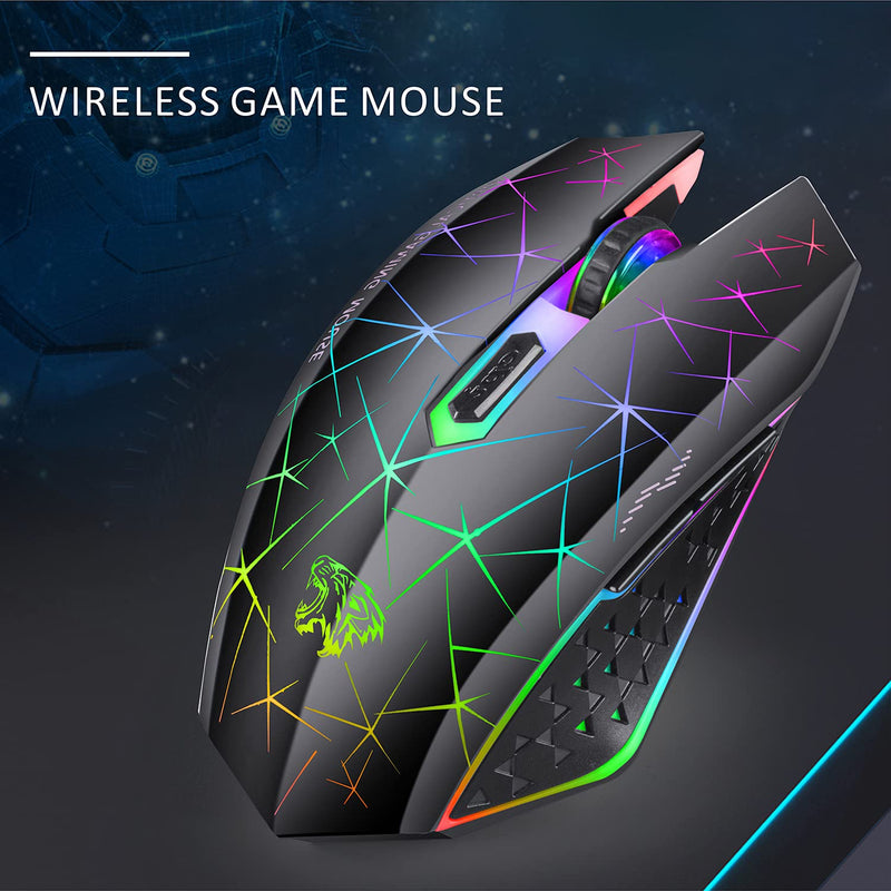  [AUSTRALIA] - TENMOS V7 Wireless Gaming Mouse, Rechargeable LED Wireless Mouse Silent Optical Rainbow USB Computer Mice for Laptop PC (Black) black