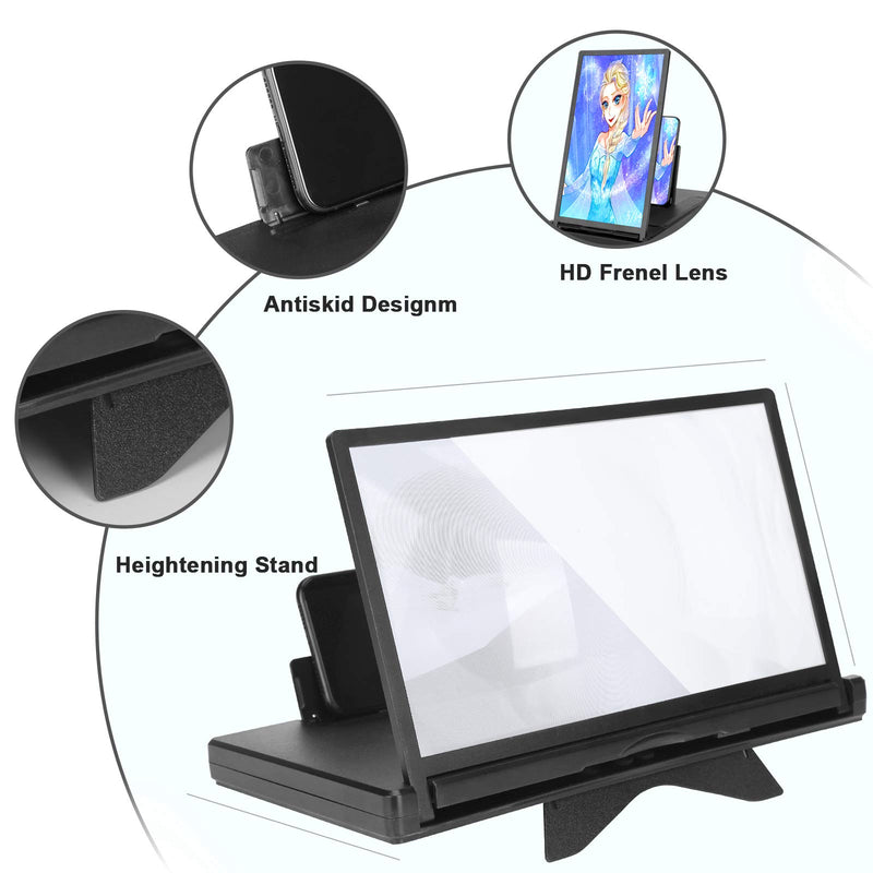  [AUSTRALIA] - 12'' Phone Screen Magnifier – 3D Magnifier Projector Screen Enlarger for Videos, Movies, Games –Pull Type Screen Amplifier with Foldable Phone Stand – Compatible with All Smartphones (Black) Black