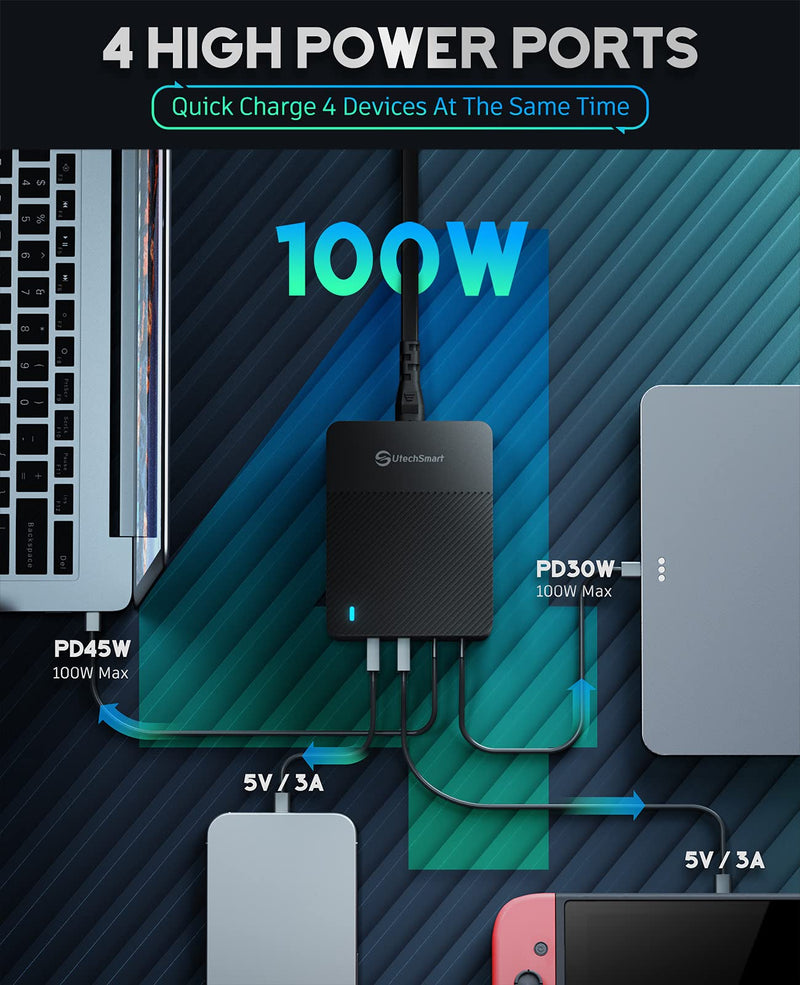  [AUSTRALIA] - USB C Charger, UtechSmart 100W 4-Port Desktop Type C Charging Station, Portable USB C PD Power Charger Adapter -2 USB C&2 QC 3.0 USB A Ports for MacBook Pro/Air, iPad, iPhone, Galaxy, Laptop and More