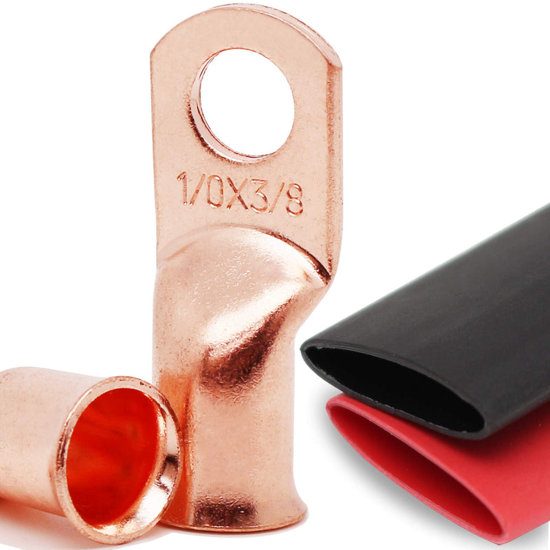  [AUSTRALIA] - TKDMR 10pcs 1/0 AWG-3/8" Battery Lugs,Heavy Duty Wire Lugs,Ring Terminals,Battery Cable Ends,0 Guage terminals,Battery Terminal Connectors with 10pcs 3:1 Heat Shrink Tubing 1/0 Awg - 3/8" (M10) Ring 10
