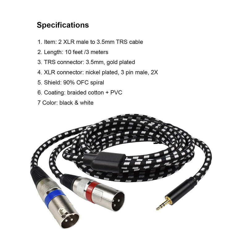  [AUSTRALIA] - Mugteeve Dual XLR to 1/8 Stereo AUX Cable, Double XLR Male y Splitter Cord to 3.5mm TRS Mini Headphone Jack, OFC Shield no Hum no Buzz, for Studio Monitor Speakers, Laptop, DMX Adapter-10feet 10Feet