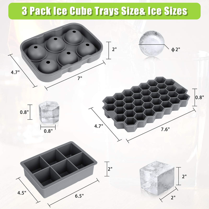  [AUSTRALIA] - Ice Cube Tray, AiBast Ice Trays for Freezer With Lid, 3 Pack Silicone Large Round Ice Cube Tray, Sphere Square Honeycomb Ice Trays for Whiskey With Covers&Funnel, Reusable Whiskey Ice Ball Mold Grey