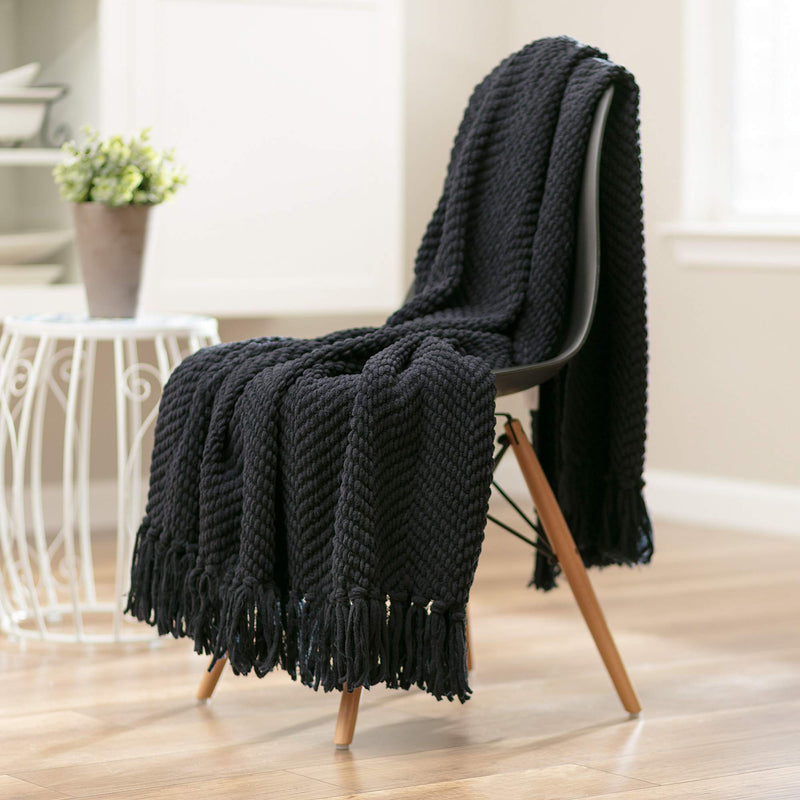  [AUSTRALIA] - Chanasya Textured Knitted Super Soft Throw Blanket with Tassels Warm Cozy Lightweight Fluffy Woven Blanket for Bed Sofa Couch Cover Living Bed Room Acrylic Black Throw Blanket (50x65 Inches) Black 50x65 Inches