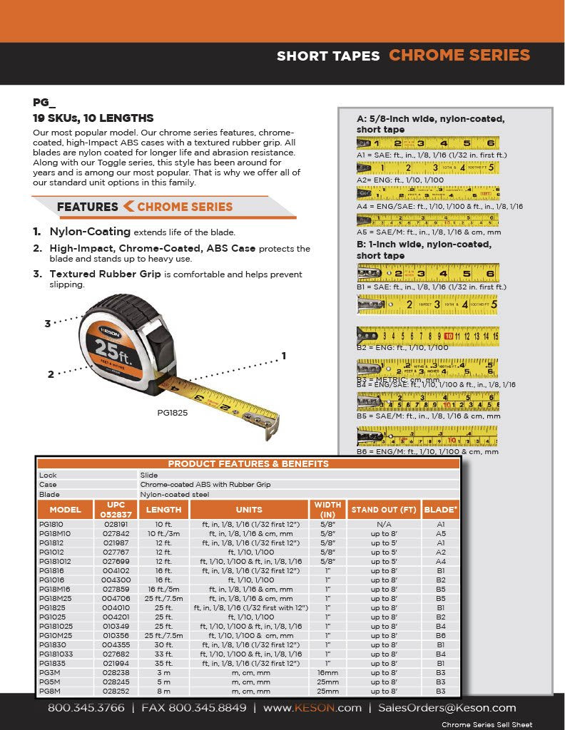  [AUSTRALIA] - Keson PG1830 Chrome Series Tape Measure with Nylon-Coated Steel Blade (Graduations: ft., in, 1/8), 1-Inch by 30-Foot 30ft Length x 1" Width Increments: 1/8, 1/16 (1/32 first 12")