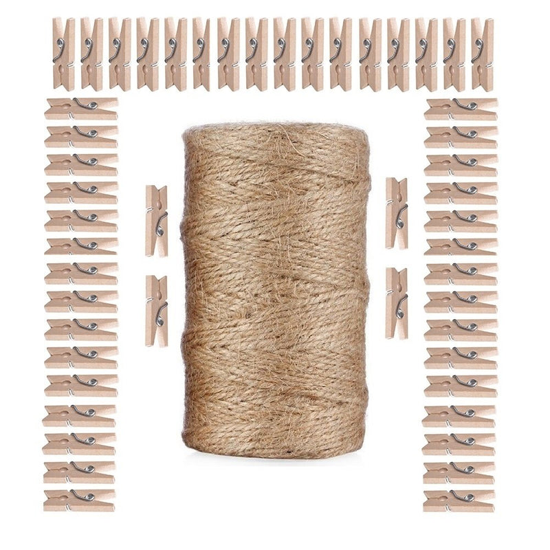  [AUSTRALIA] - Giveet 328 Feet Natural Jute Twine and 100 Pieces Mini Clothespins, Multi-Purpose Arts Crafts Twine Industrial Heavy Duty Packing String for Gifts, DIY Crafts, Festive and Gardening Applications