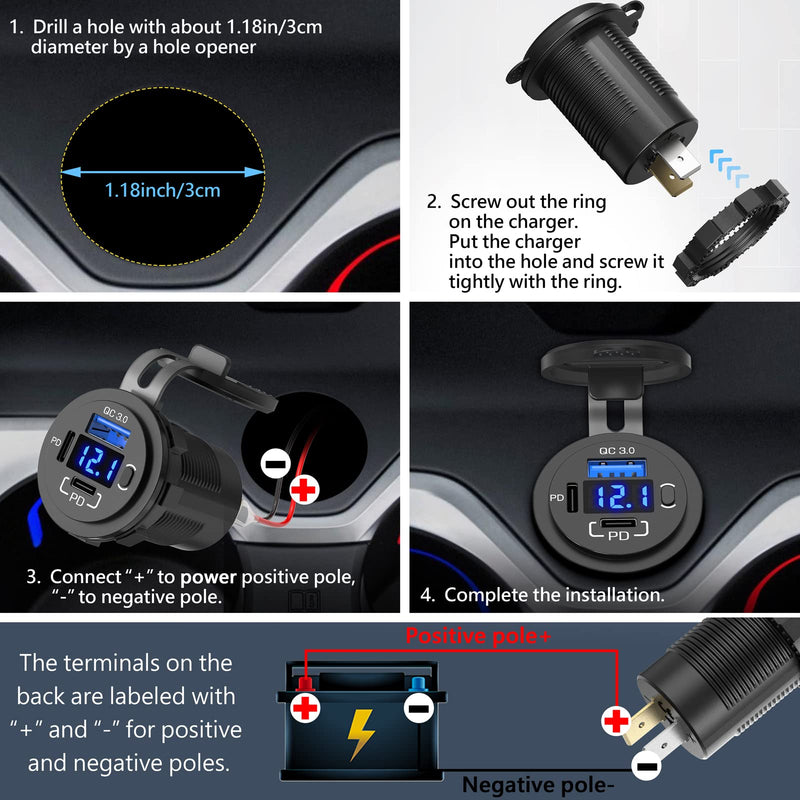  [AUSTRALIA] - 12V USB Charger Socket OUFFUN Dual 30W PD3.0 USB C Port and 18W QC3.0 12 Volt USB Outlet with Voltmeter and Power Switch, Waterproof Cigarette Lighter Replacement DIY Kit for Car Marine Truck RV, etc.