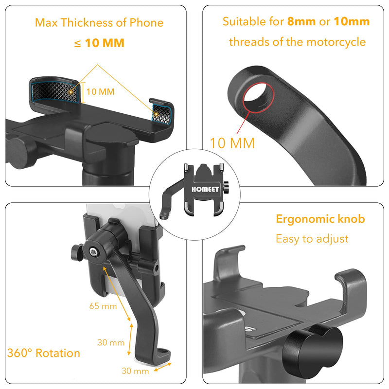  [AUSTRALIA] - Homeet Motorcycle Phone Mount, Metal Motorcycle Phone Holder Motorbike Rearview Mirror Smartphone Holder Mount Universal 【Φ10mm】- 360° Rotation Adjustable - Aluminum Alloy Metal Alloy
