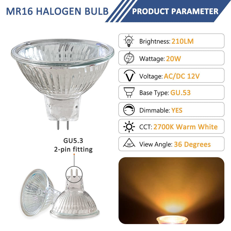  [AUSTRALIA] - Caldarax Pack of 8 MR16 GU5.3 20W 12V Halogen Spotlights, Dimmable 2700K Warm White, 210LM, Halogen Reflector Light Bulb, GU5.3 Bi-Pin Base Spotlight 36° Beam Angle Mr16 Gu5.3 12v 20w