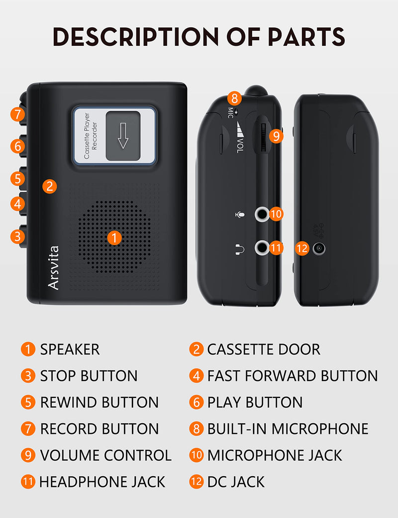  [AUSTRALIA] - Arsvita Walkman Cassette Player, Portable Tape Recorder, Build-in Speaker and Microphone,Black Black