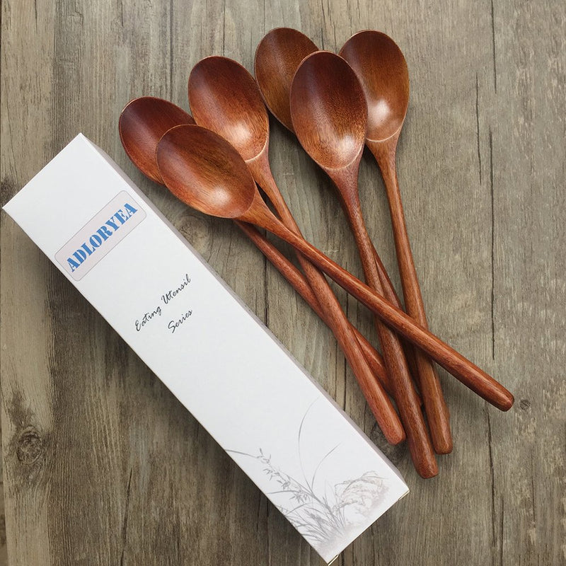  [AUSTRALIA] - Wooden Spoons, 6 Pieces 9 Inch Wood Soup Spoons for Eating Mixing Stirring, Long Handle Spoon with Japanese Style Kitchen Utensil, ADLORYEA Eco Friendly Table Spoon