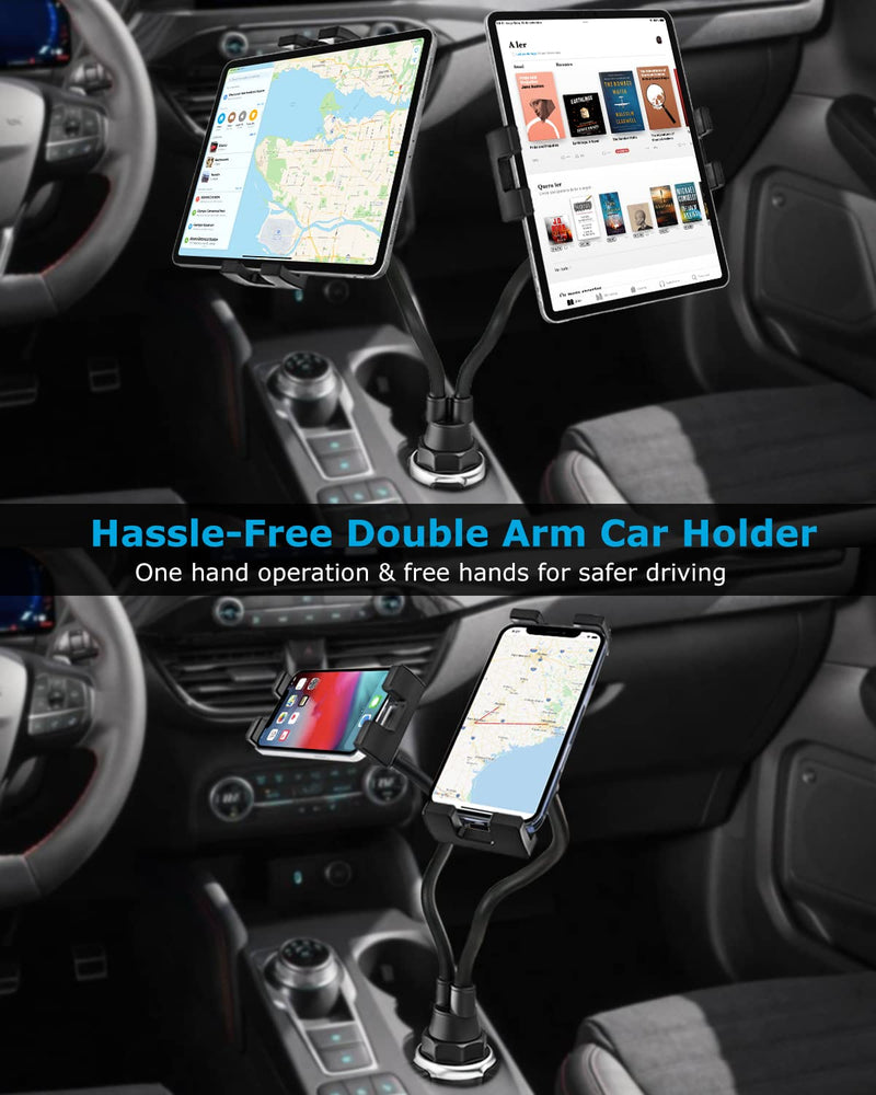  [AUSTRALIA] - Dual Cup Holder Tablet Car Mount for 4.7"-12.9" Phone & iPad - Phichy Gooseneck Double Tablet Mount for Car, Cup Car Tablet Holder Stand Compatible with iPad Pro/Air/Mini, Galaxy Tabs, iPhone, Tablets