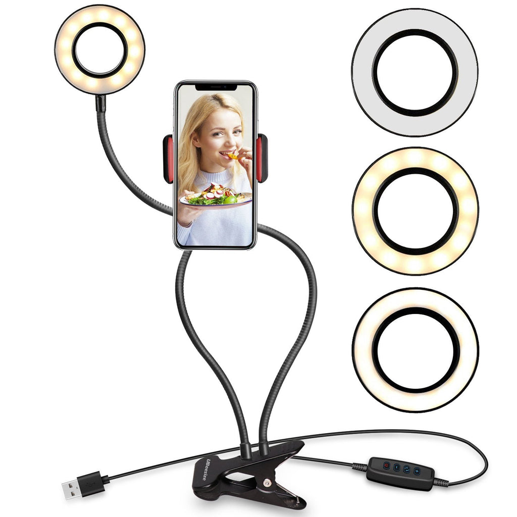  [AUSTRALIA] - UBeesize Selfie Ring Light with Cell Phone Holder Stand for Live Stream/Makeup, Clip on, Flexible Arms Black