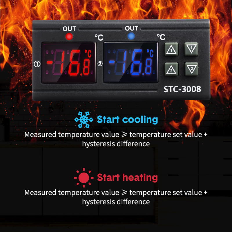  [AUSTRALIA] - Fiada Pack of 2 STC-3008 AC 110V-220V Digital Temperature Controller Celsius Thermostat General Digital Thermostat Temperature Monitor with Sensor 2 Relay Output for Fermentation Heating Cooling