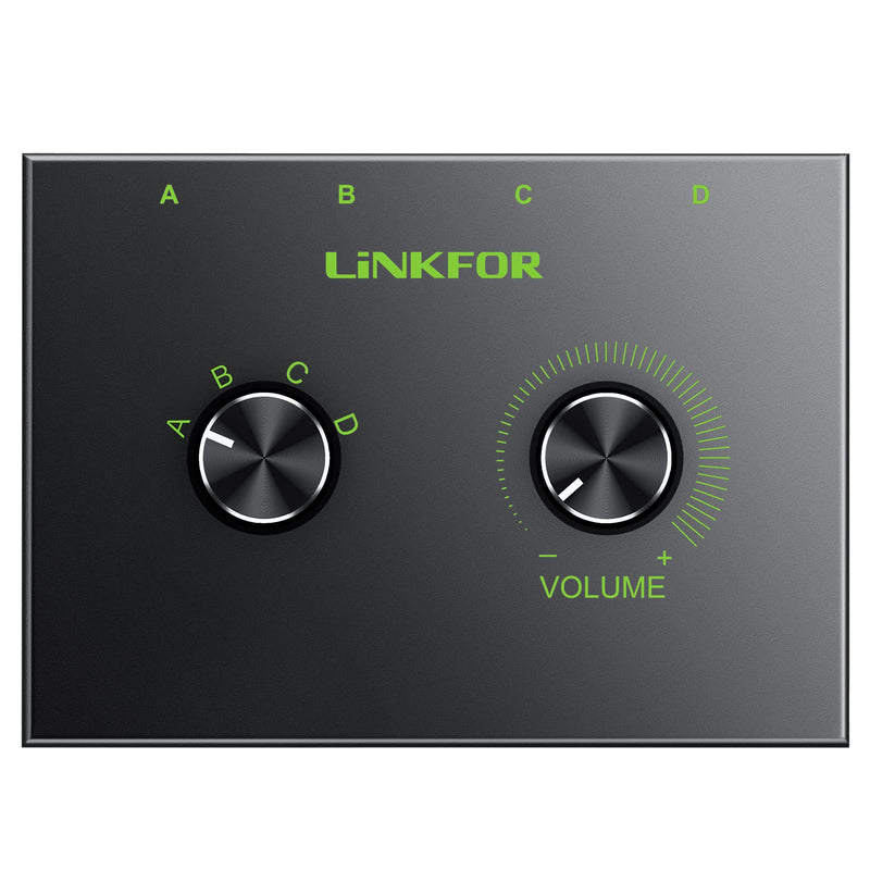  [AUSTRALIA] - 3.5mm Audio Switcher, LiNKFOR 4 Port 3.5mm Stereo Audio Switch, 4 Way Stereo Audio Selector, 4 Input 1 Output / 1 Input 4 Output Audio Splitter with Volume Control and 4 Channel Switch Knob 4 Ports