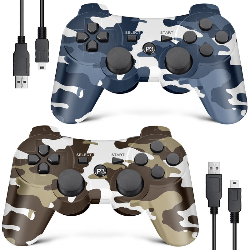  [AUSTRALIA] - PS3 Controller Wireless 2 Pack, Upgraded Joystick Controller for Playstation 3 with Double Shock, Motion Control (Camo Brown and Camo Blue)