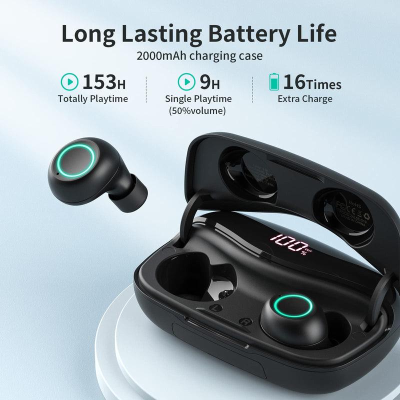  [AUSTRALIA] - PSIER Wireless Earbuds Bluetooth Headphones 153H Playtime Ear Buds Digital LED Display Cell Phones Charging Function with 2000mAh Charging Case Built in Mic Clear Calls in Ear Earphones for Sports Black