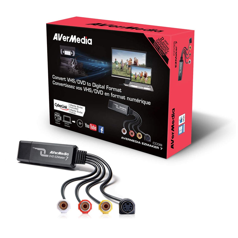  [AUSTRALIA] - AVerMedia EZMaker 7, USB Video Capture Card , Analog to Digital Recorder, RCA Composite, VHS to DVD, S-Video, Cyberlink Media Suite software, Support Windows 10, not Mac OS 10.13 (C039), Black,3.2 x 1.1 x 0.5 in (82 x 28.5 x 14 mm)