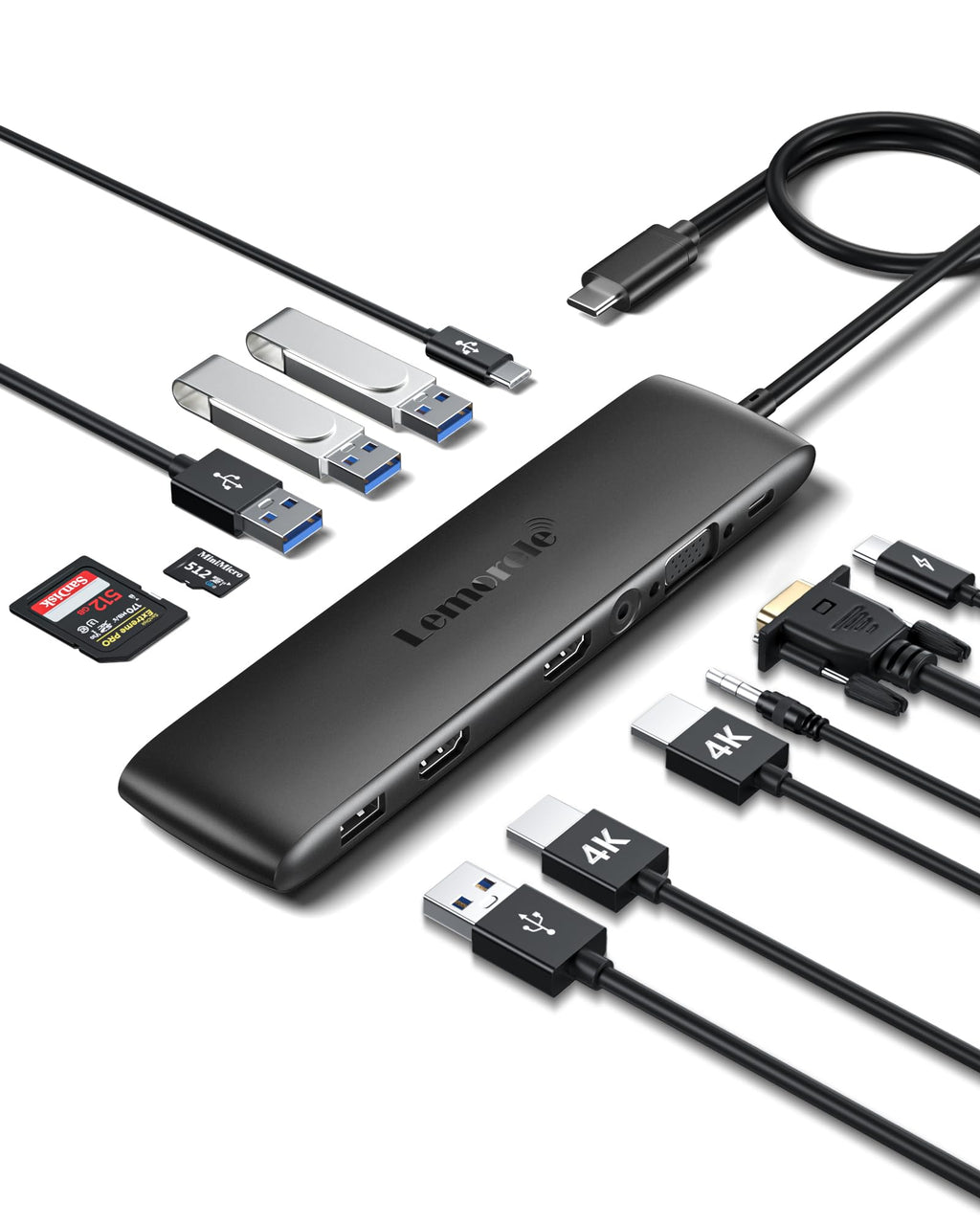  [AUSTRALIA] - Lemorele USB C Dual Monitor Docking Station for Dell/HP/Lenovo/Surface Laptop, 12 in 1 Triple Display USB C Hub Multiple Dongle Adapter with 2 HDMI 4K+VGA+4 USB Port+100W PD+USB C Data+SD/TF+Audio Black