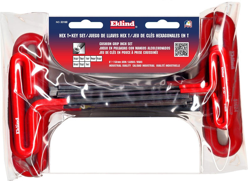  [AUSTRALIA] - EKLIND 53168 Cushion Grip Hex T-Key allen wrench - 8pc set SAE Inch Sizes 3/32-1/4 (6In shaft) SAE (Standard)