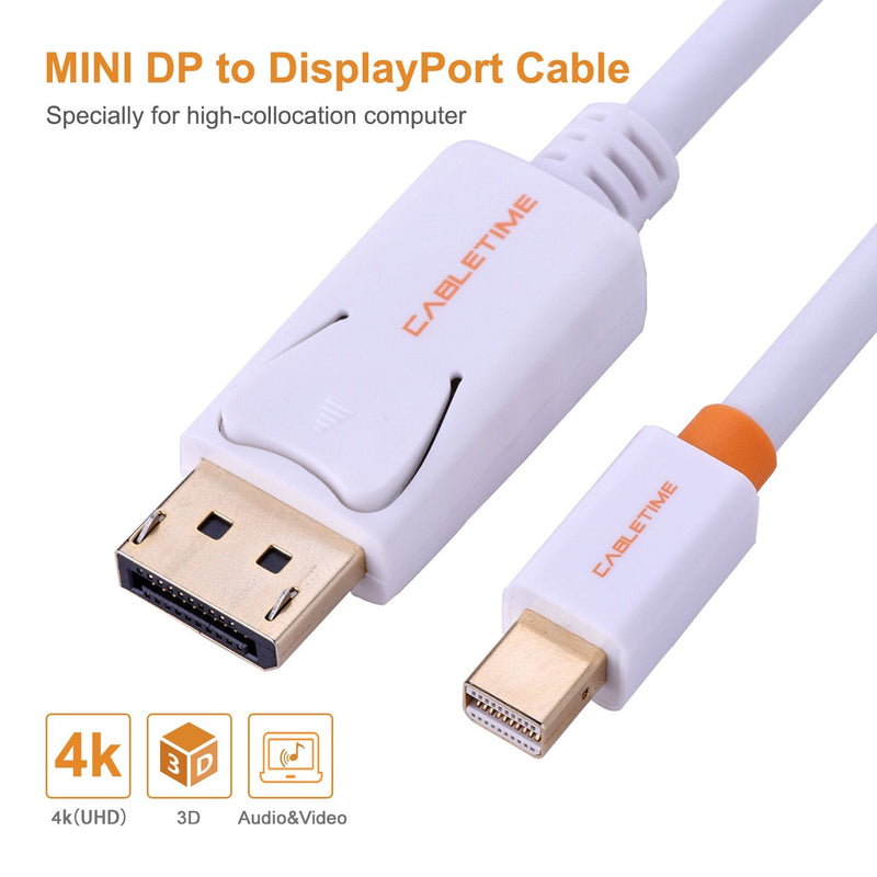  [AUSTRALIA] - Mini DisplayPort to DisplayPort Cable CABLETIME Mini DP to DP Cord Support Video and Audio,Thunderbolt Compatible for Surface Pro 5 / Pro 4 / Pro 3, MacBook Air,etc (6 Feet/1.8m, White) 6 Feet/2M