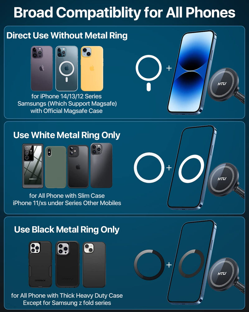  [AUSTRALIA] - HTU【Upgrade Magnet】for Magsafe Car Mount,【360°Suction Cup & Alloy Telescopic Arm】Handsfree Powerful Magnetic Cell Phone Holder for Car Dashboard Windshield, for iPhone 14 13 12 Pro Max Mini All Phone Black