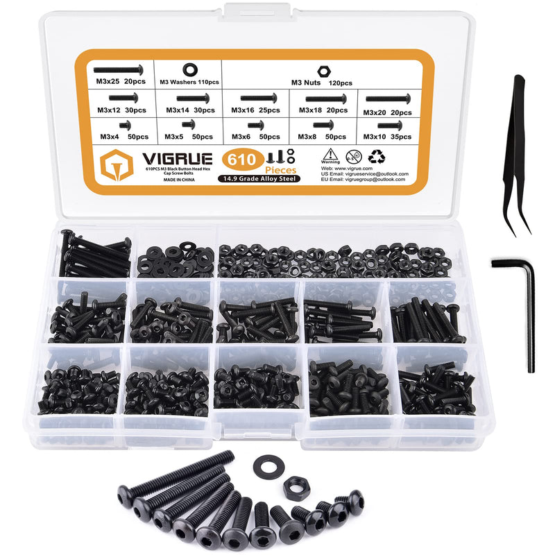  [AUSTRALIA] - VIGRUE 610PCS 14.9 Grade Alloy Steel M3 Button Hex Head Cap Screws M3 x 4/5/6/8/10/12/14/16/18/20/25mm Machine Screws Bolts Nuts Washer Assortment Kit