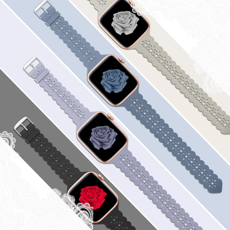  [AUSTRALIA] - [Bandiction 4 Pack] Lace Silicone Bands Compatible with Apple Watch Band 38mm 40mm 42mm 44mm,Women Slim Thin Hollow-out iWatch Sport Wristband with Classic Clasp for iWatch Series SE 7 6 5 4 3 2 1 Black/Alaskan Blue/Stone/Lavender Gray 38mm/40mm/41mm