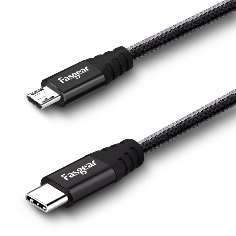  [AUSTRALIA] - Fasgear USB C to Micro USB Cable 30cm Nylon Braided Type C to Micro USB Cord Compatible with Galaxy S7/S6, HTC One/10 and More (Black, 1ft) Black