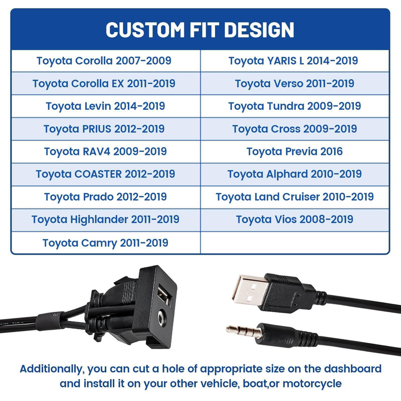  [AUSTRALIA] - Anina USB AUX Flush Mount for Toyota, 1M Male to Female Car Dash 3.5mm AUX Extension Cable, Square Port USB Panel Mount Socket Adapter, 12V-30V Panel Mounting Cable for Audio Output & Charging