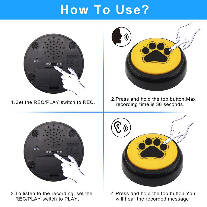  [AUSTRALIA] - ChunHee Dog Speech Training Buttons Talking Sound Buttons-Recordable Buttons for Dogs-30 Seconds Record Button, Pack of 4 (Battery Included)