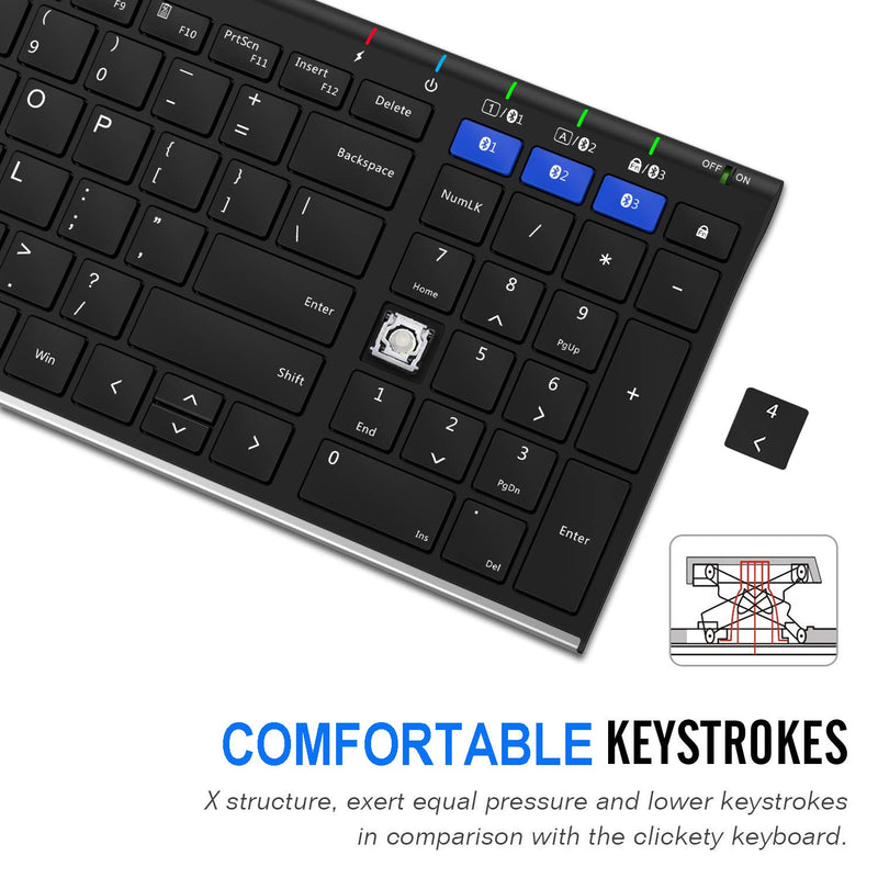 Arteck Universal Bluetooth Keyboard Multi-Device Stainless Steel Full Size Wireless Keyboard for Windows, iOS, Android, Computer Desktop Laptop Surface Tablet Smartphone Built in Rechargeable Battery - LeoForward Australia