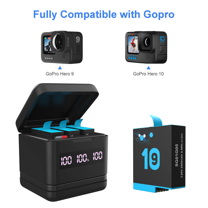  [AUSTRALIA] - Battery Charger for GoPro Hero 10 Hero 9, 2-Pack 2000mAh Replacement Batteries and 3-Channel USB USB-C Quick Charger Station Fully Compatible with Gopro Hero 10/9 Black Official 2 Pack Batteries for Hero 9/10