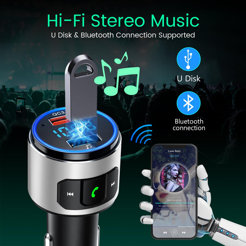  [AUSTRALIA] - Octeso Upgraded V5.0 FM Bluetooth Transmitter Car, QC3.0 & LED Backlit Wireless Bluetooth FM Radio Adapter Music Player/Car Kit with Hands-Free Calls, Siri Google Assistant-Silver Silver