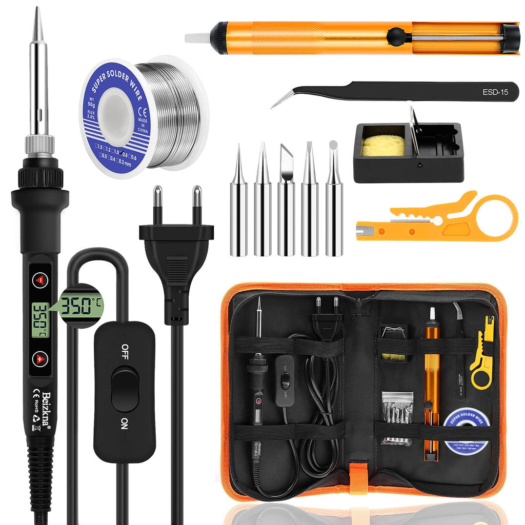  [AUSTRALIA] - Soldering iron set 80W LCD adjustable temperature 180-520°C soldering iron with on/off switch, 50g soldering wire, 5 soldering tips, desoldering pump, soldering iron stand, tweezers, soldering set for electrical work.