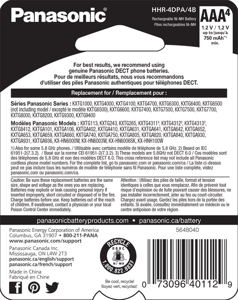 Panasonic Genuine HHR-4DPA/4B AAA NiMH Rechargeable Batteries for DECT Cordless Phones, 4 Pack - LeoForward Australia